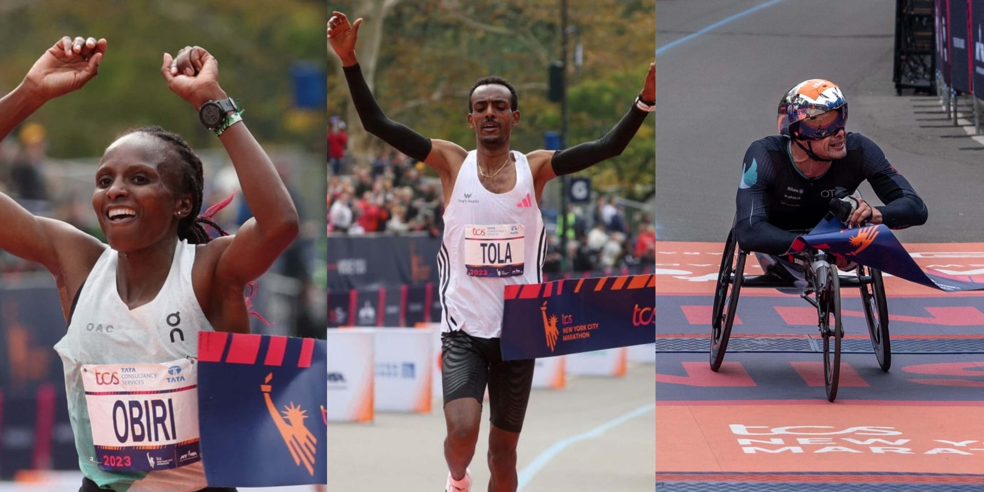 Os vencedores da Maratona de NY: Hellen Obiri, Tamirat Tola e Marcel Hug (Foto: Divulgação)