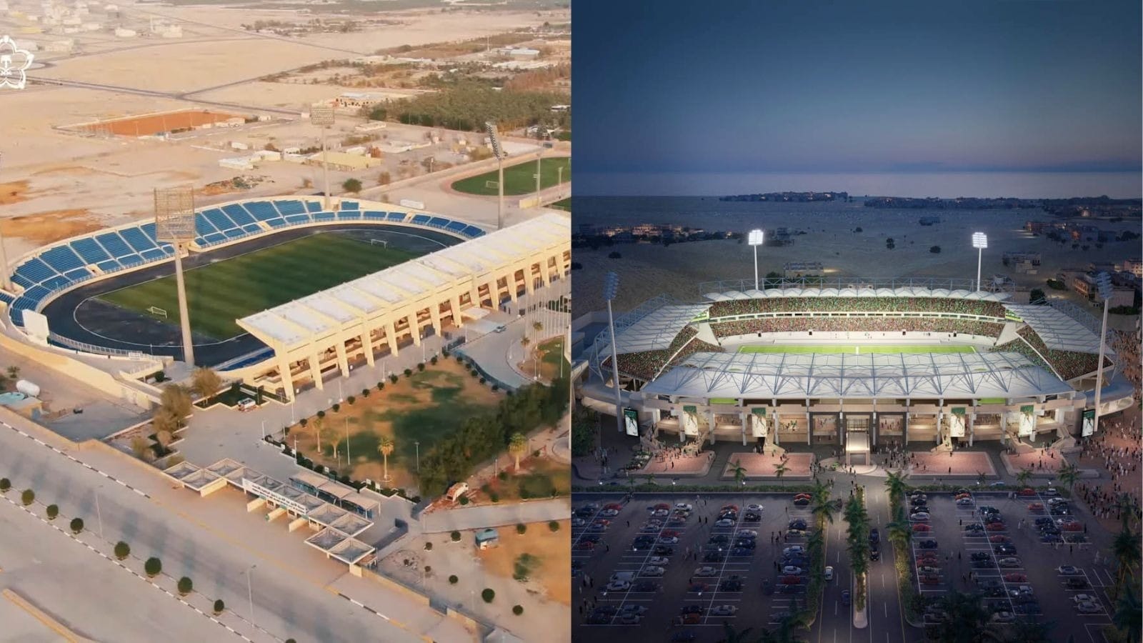 Atual estádio do Al Qadsiah e projeto de modernização | Crédito: Divulgação