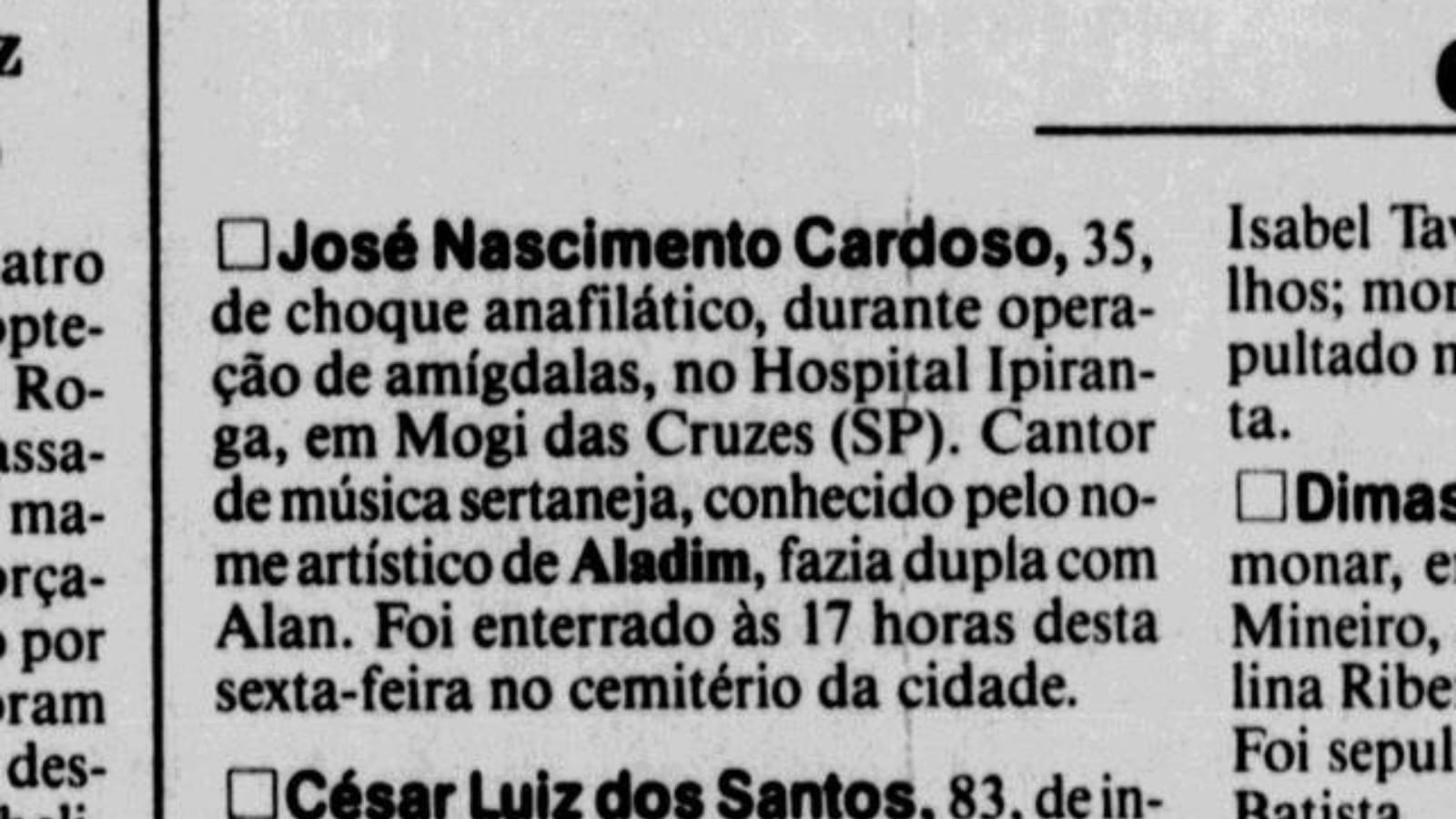 Obituário de Aladim no Jornal do Commércio (RJ) em 5 de outubro de 1992 (Imagem: Reprodução)
