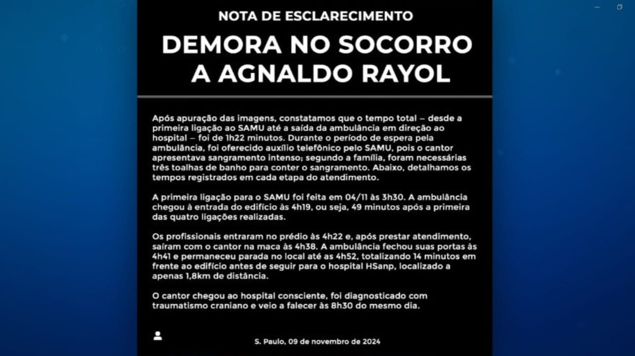 Nota da equipe de Agnaldo Rayol