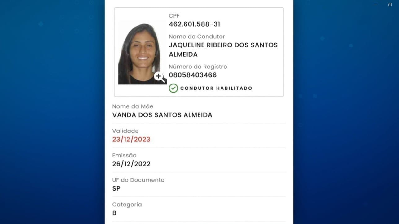 CNH vencida de Jaqueline Ribeiro