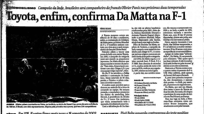 Da Matta foi anunciado em novembro de 2002 (Imagem: Folha de S. Paulo/Reprodução)