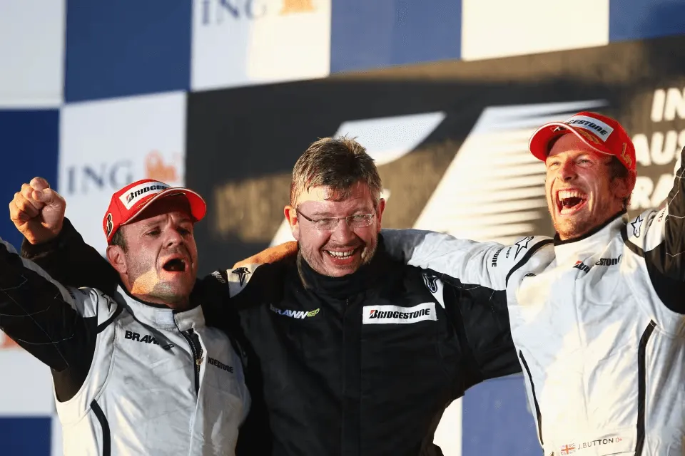 Ross Brawn, Rubens Barrichello e Jenson Button no GP da Austrália de 2009