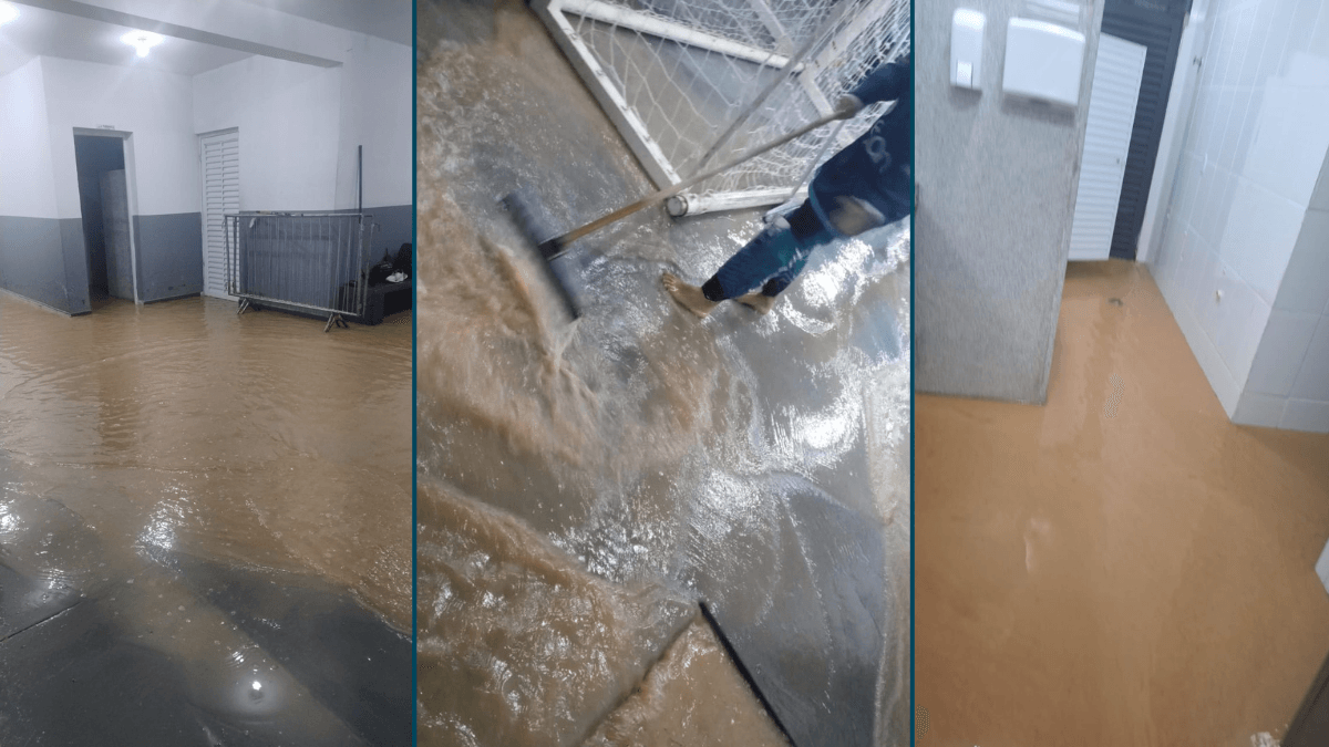 Ginásio do Figueira, onde algumas crianças estavam tendo aulas de esporte foi invadido pela água