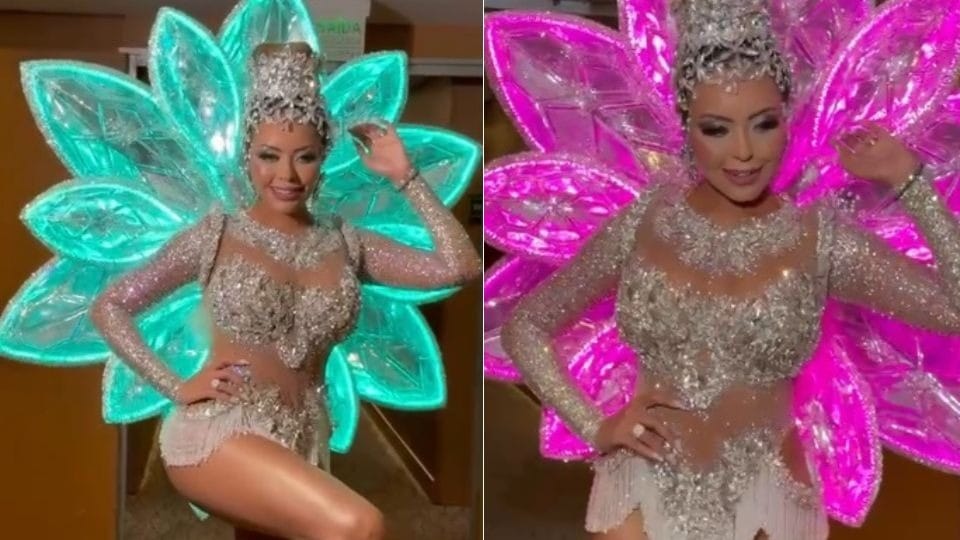 Rainha de Bateria da Rosas de Ouro usa fantasia que muda de cor e exala perfume