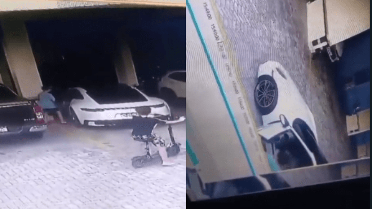 Vídeo: criança entra em Porsche, dá ré e bate veículo em muro de condomínio em SC