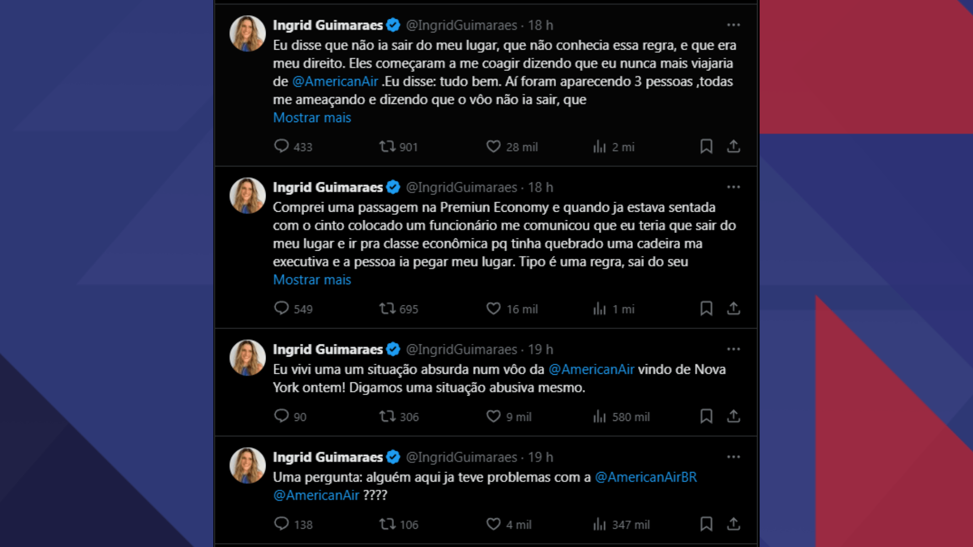 Atriz Ingrid Guimarães afirma que foi ameaçada e coagida por funcionários da American Airlines