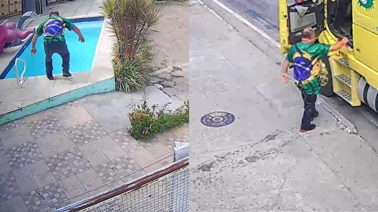 SP: Vídeo flagra caminhoneiro pulando em piscina de loja para se refrescar, no Litoral