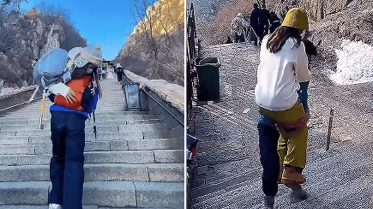 Homem carrega turistas no colo em escadaria da china e ganha dinheiro