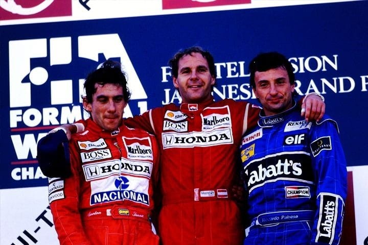 Pódio do GP do Japão de 1991, com Ayrton Senna, Gerhard Berger e Ricardo Patrese