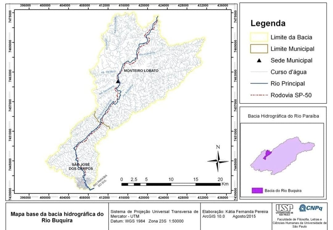 Mapa base da bacia hidrográfica do Rio Buquira. Nasce em monteiro Lobato até o Rio Paraíba do Sul em SJC