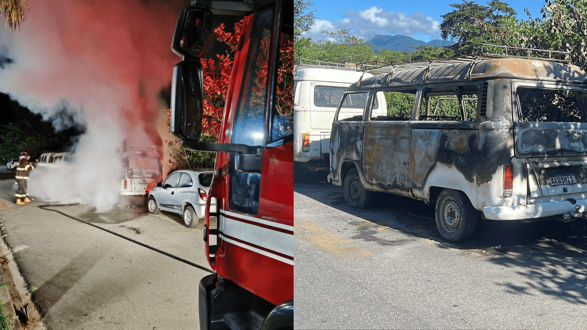 Kombi pega fogo no bairro Itaguá, em Ubatuba; suspeita é de incêndio criminoso