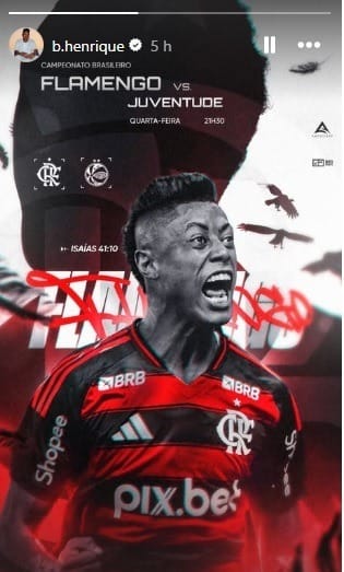 Postagem de Bruno Henrique no Instagram para Flamengo x Juvenude (Reprodução/Instagram)