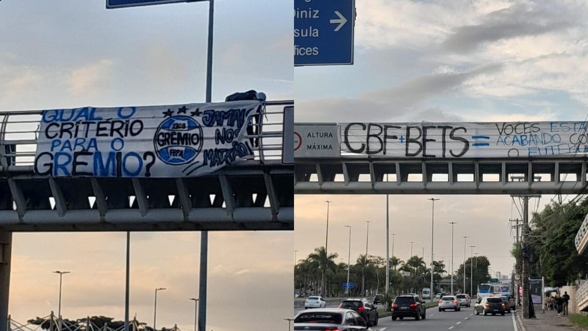Torcida do Grêmio faz protesto contra a arbitragem do Gre-Nal em frente à sede da CBF