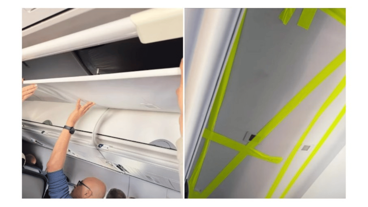 Teto de avião cai e passageiros são obrigados a segurar