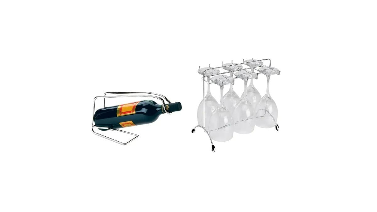 Conjuntos de Suportes para Vinho e Taças Utimil ZL856 em Aço Cromado. / Reprodução: Utimil