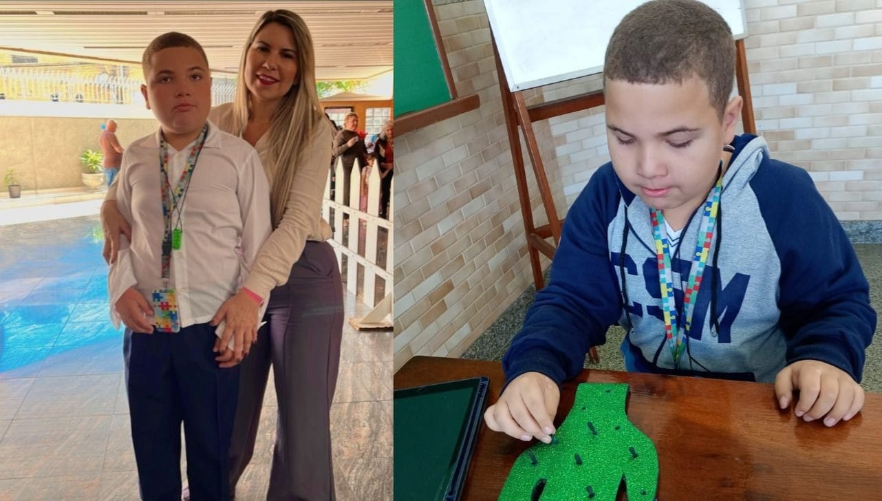 Joaquim, de 10 anos, ao lado da mãe, Dayane Lemos: ele realiza 40h semanais de terapia ABA graças a uma liminar judicial. A família teme os impactos da possível aprovação do Rol Taxativo. (Foto/Grupo Conduzir)