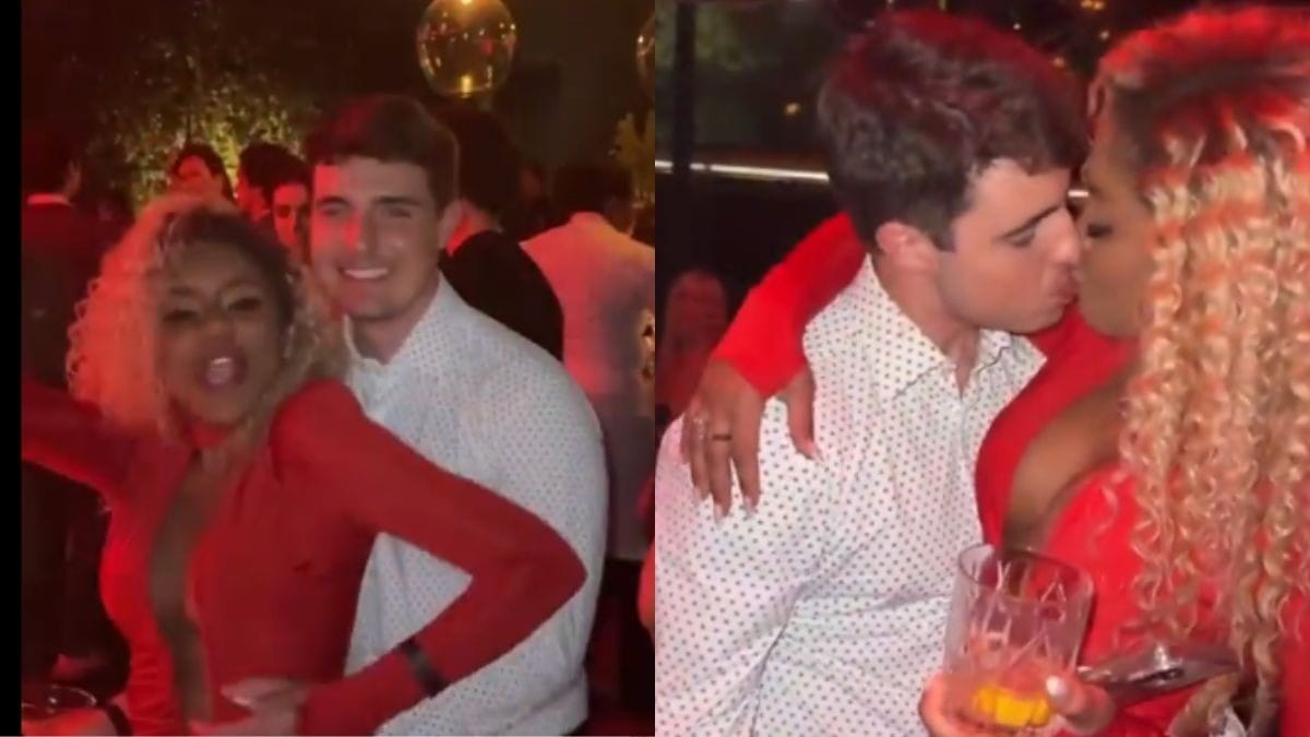 Cariúcha e filho de Gugu Liberato são flagrados aos beijos em festa