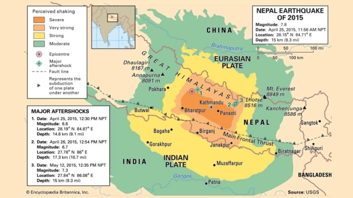 Terremoto no Nepal, em 2015 | Mapa: Enciclopédia Britânica, Inc./Kenny Chmielewski