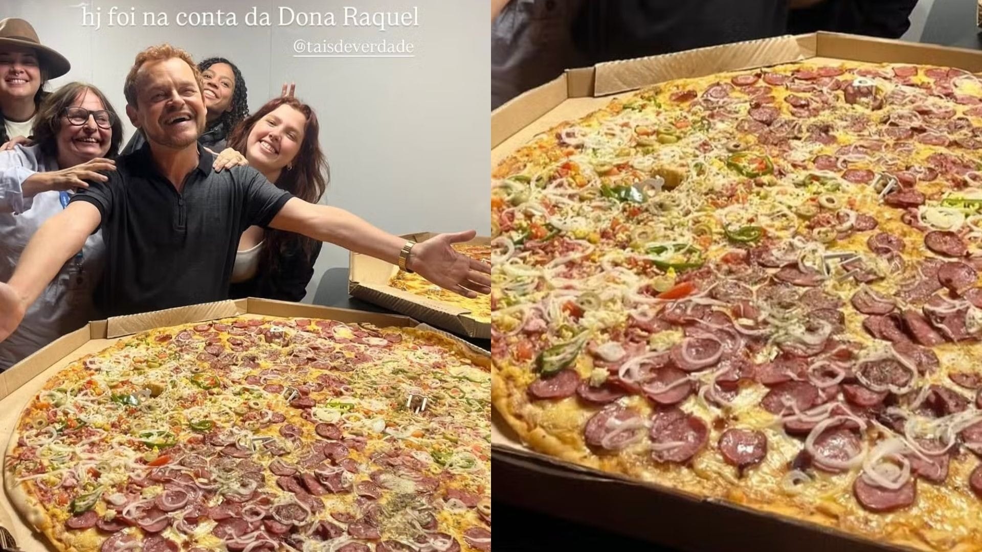 Taís Araújo compra pizza gigante para equipe: 'Na conta da Raquel'