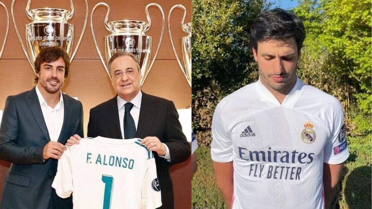 Fernando Alonso ao lado de Florentino Pérez e Carlos Sainz com a camisa do Real Madrid