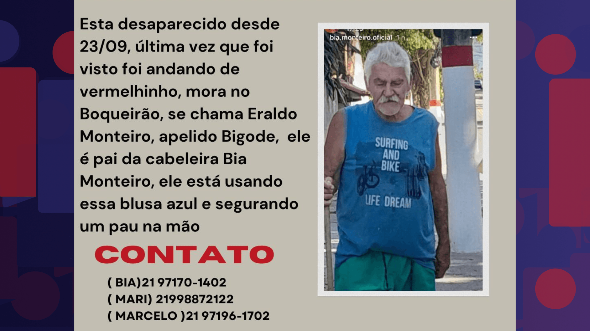 Família busca informações sobre idoso de 82 anos desaparecido em Maricá