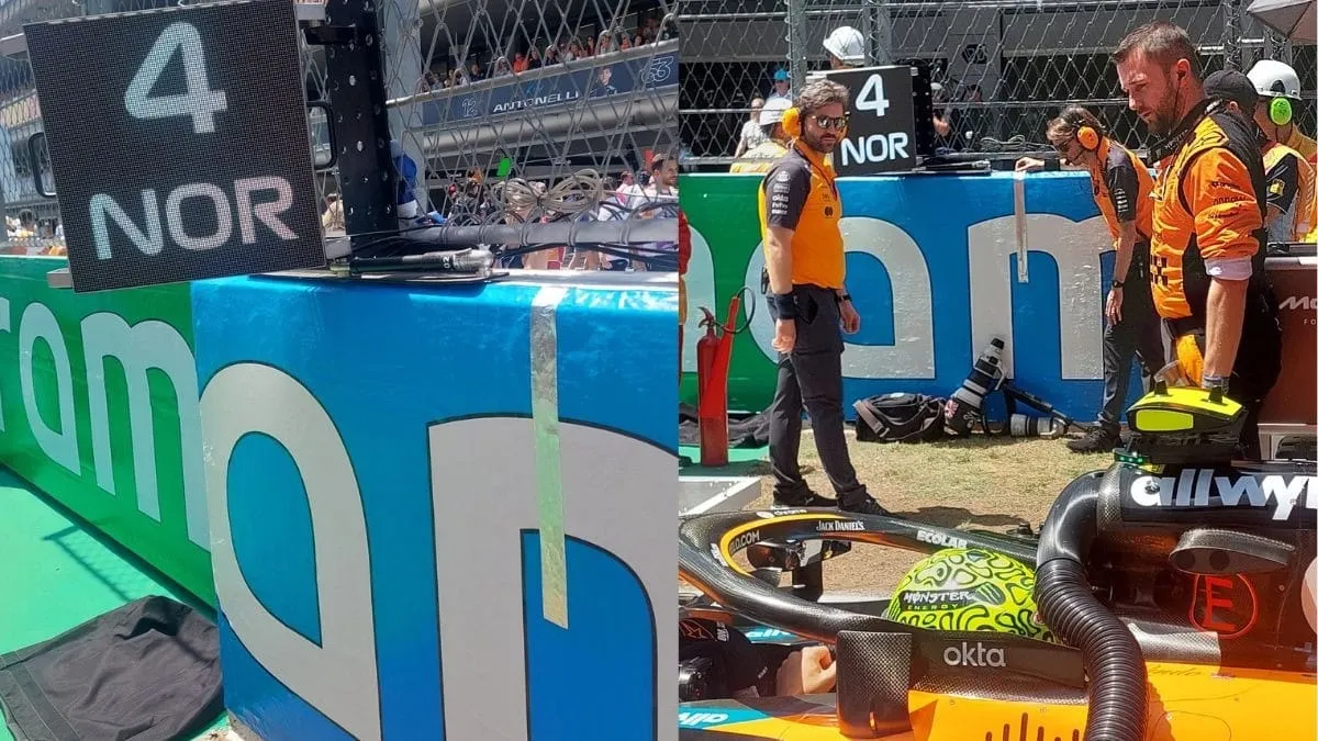 Fita prata no muro mais próximo para auxiliar Lando Norris na largada