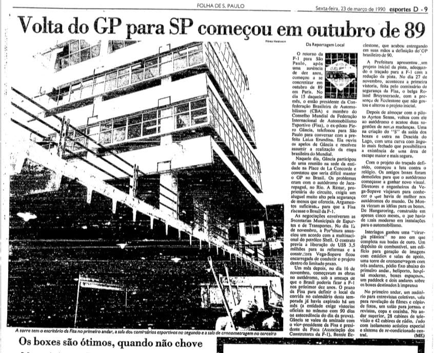Reformas entre 1989 e 1990 recolocaram Autódromo de Interlagos no calendário da F1 (Imagem: Folha de S. Paulo/Reprodução)