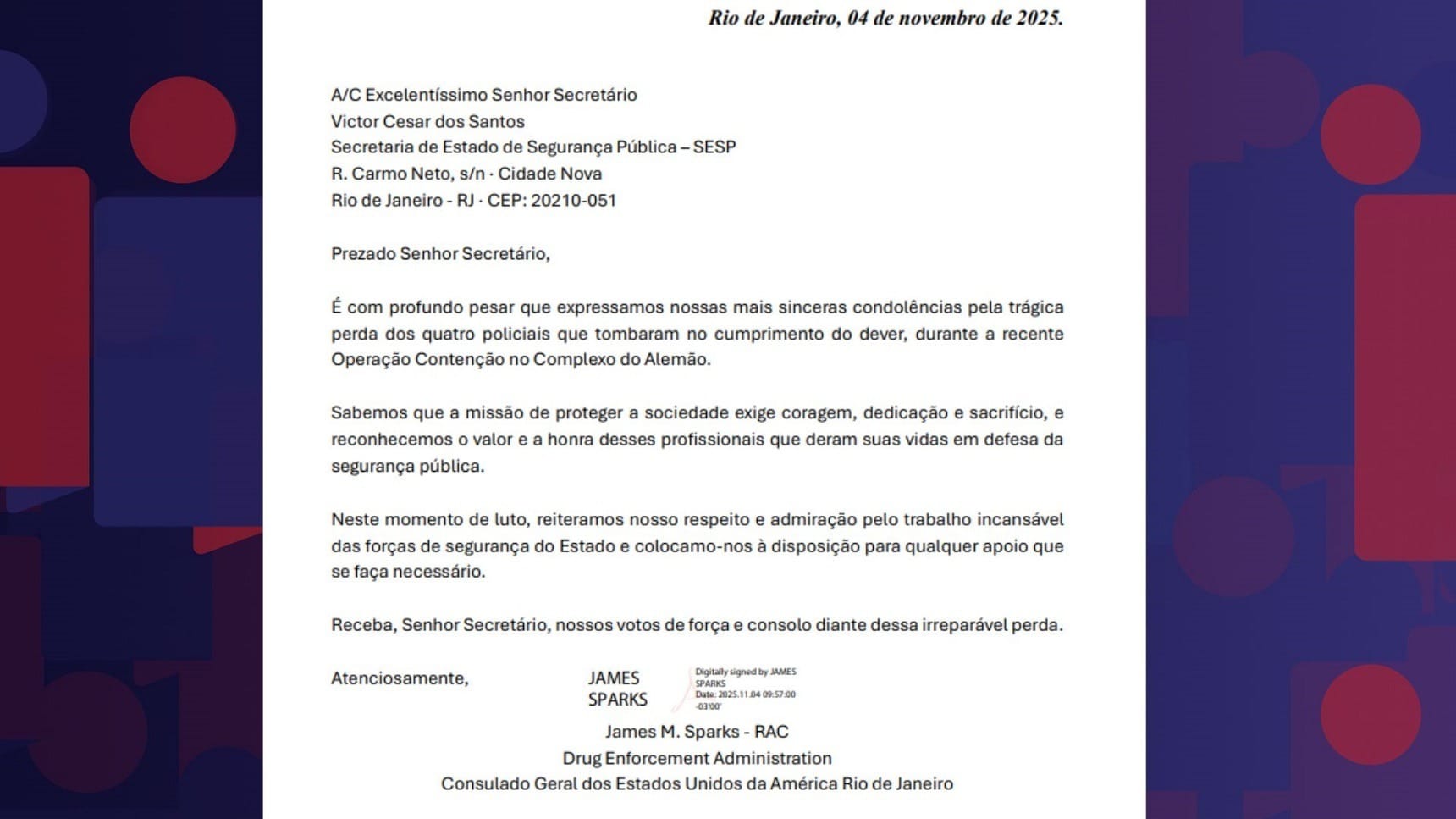 EUA enviam carta de pesar ao Rio por morte de quatro policiais em megaoperação