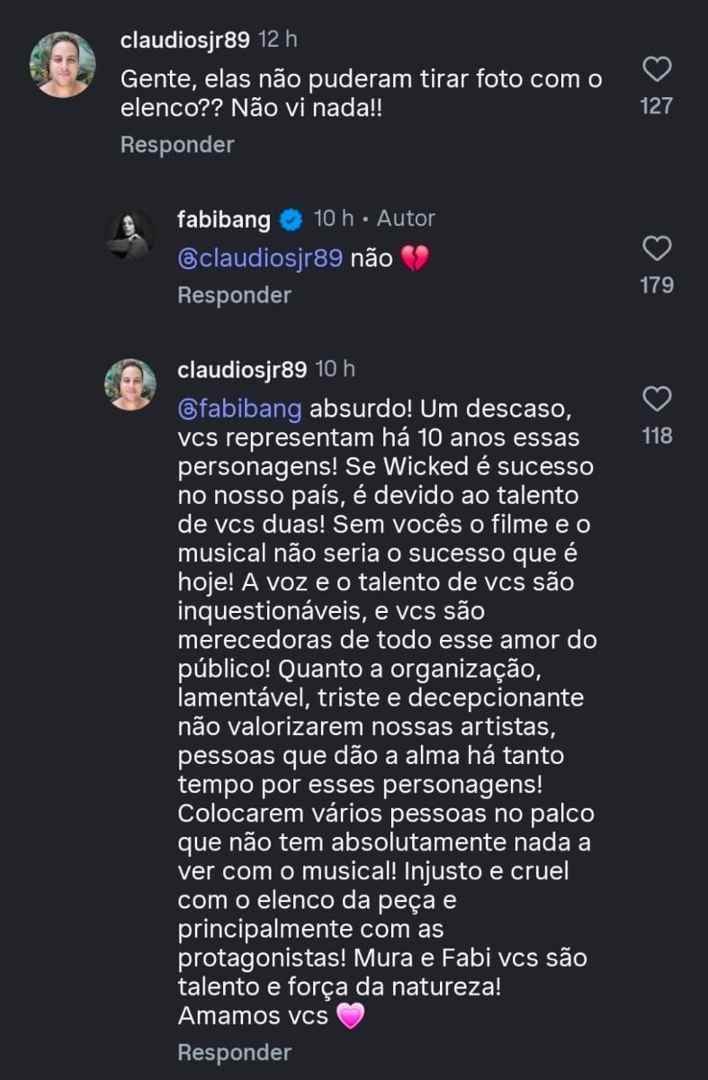 Fabi Bang em reposta a fã sobre interação com elenco dos filmes | Reprodução/Instagram/@fabibang