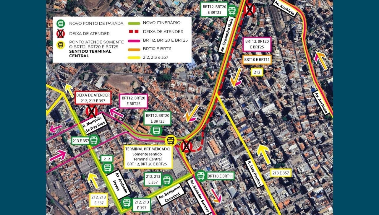 Mapa indica as alterações em linhas e trajetos que ocorrem a partir desta sexta-feira (7) (Divulgação/Emdec)