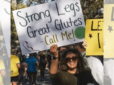 Mulher usa cartaz durante corrida para buscar um novo amor