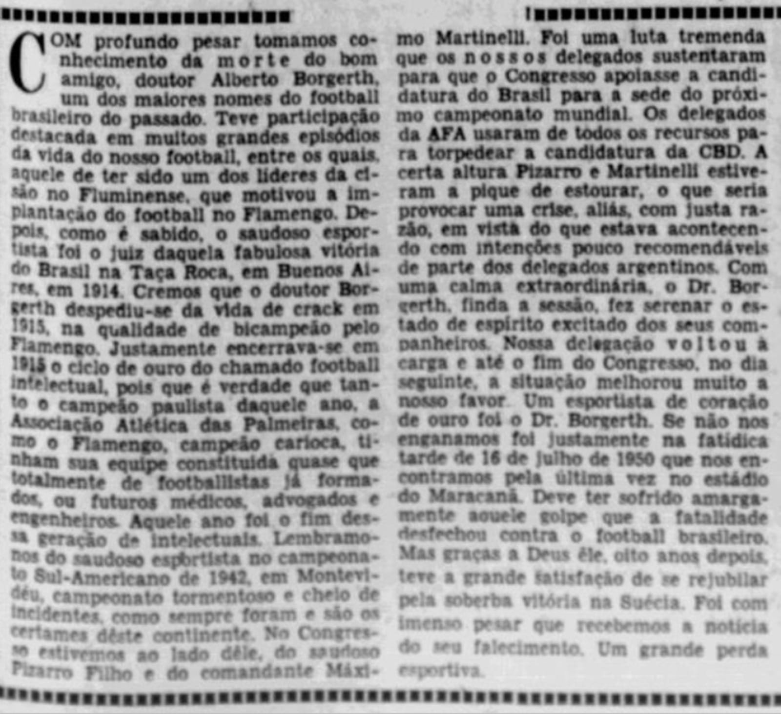 Obituário de Alberto Borgerth no Jornal dos Sports em 1958 (Imagem: Reprodução)