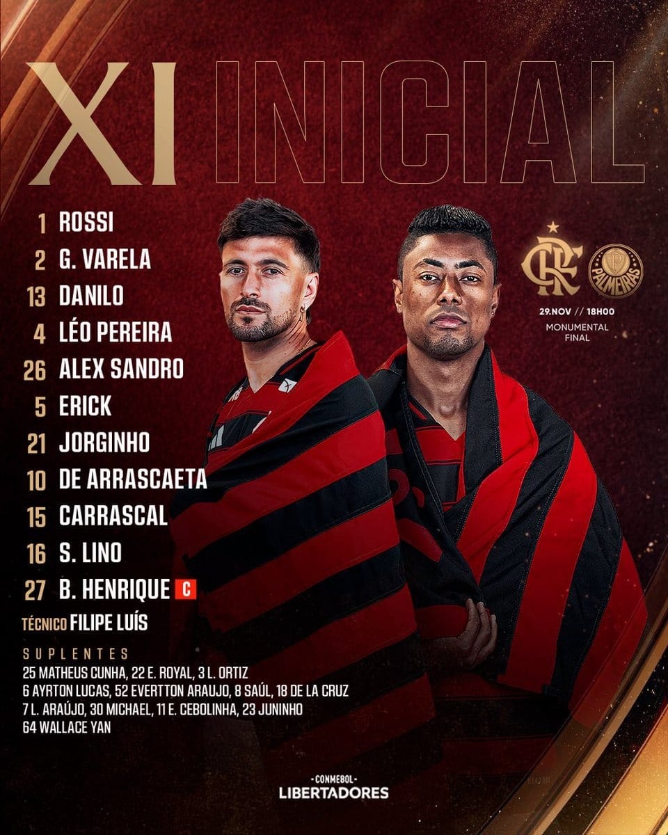 Escalação do Flamengo: Samuel Lino é titular contra Palmeiras na final da Libertadores