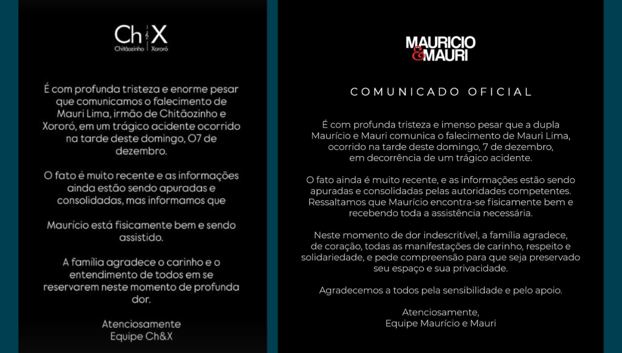 Comunicados oficiais das equipes das duplas Chitãozinho e Xororó e Mauricio e Mauri (Redes Sociais)
