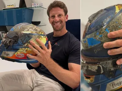 Romain Grosjean recupera capacete de acidente no GP do Bahrein de 2020