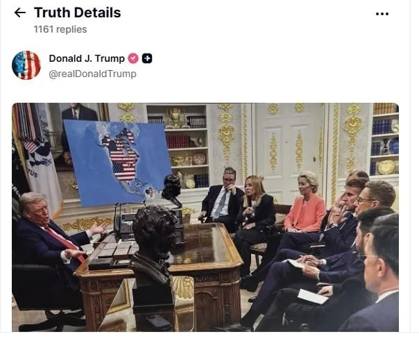Imagem gerada por IA onde Trump mostra Canadá, Groenlândia e Venezuela como territórios dos EUA (Foto: @realDonaldTrump/Truth Social/ Reprodução