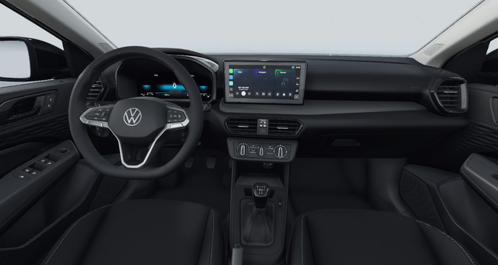 Interior do Volkswagen Tera MPI combina painel digital e central multimídia de 10,1 polegadas | Crédito: Divulgação