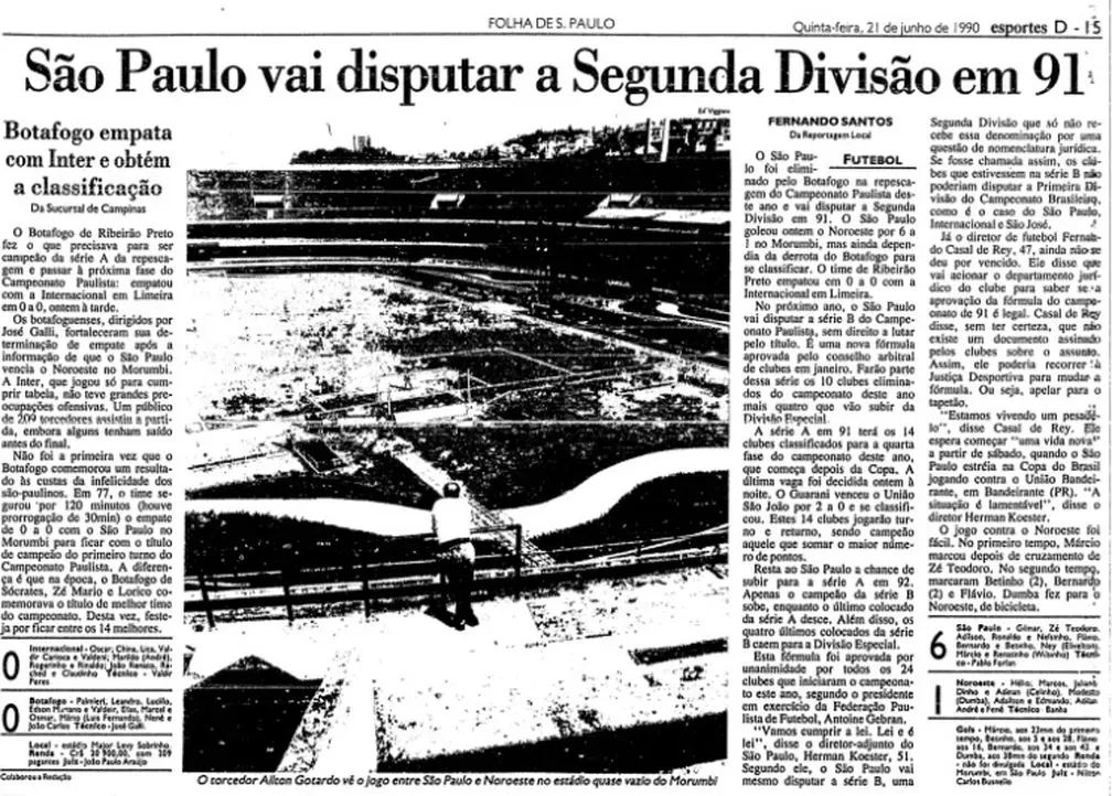 Folha de São Paulo deu São Paulo como rebaixado em 1990 no Estadual. Foto: Reprodução/Folha de São Paulo