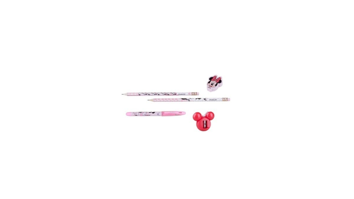 Kit Escolar Apontador Borracha Caneta e 2 Lápis Disney Minnie Mouse. / Reprodução: Molin