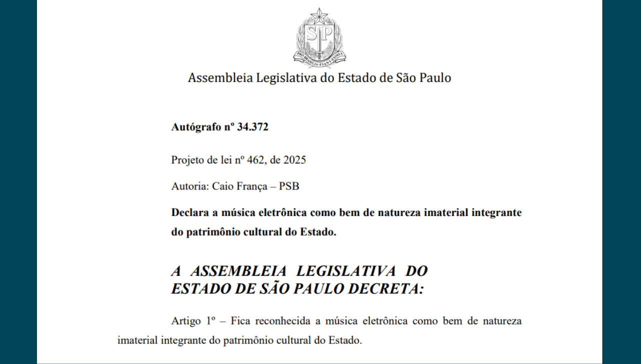 Trecho do autógrafo da Lei 18.400/2026, que reconhece a música eletrônica como patrimônio cultural imaterial do Estado de São Paulo (Alesp/Reprodução)