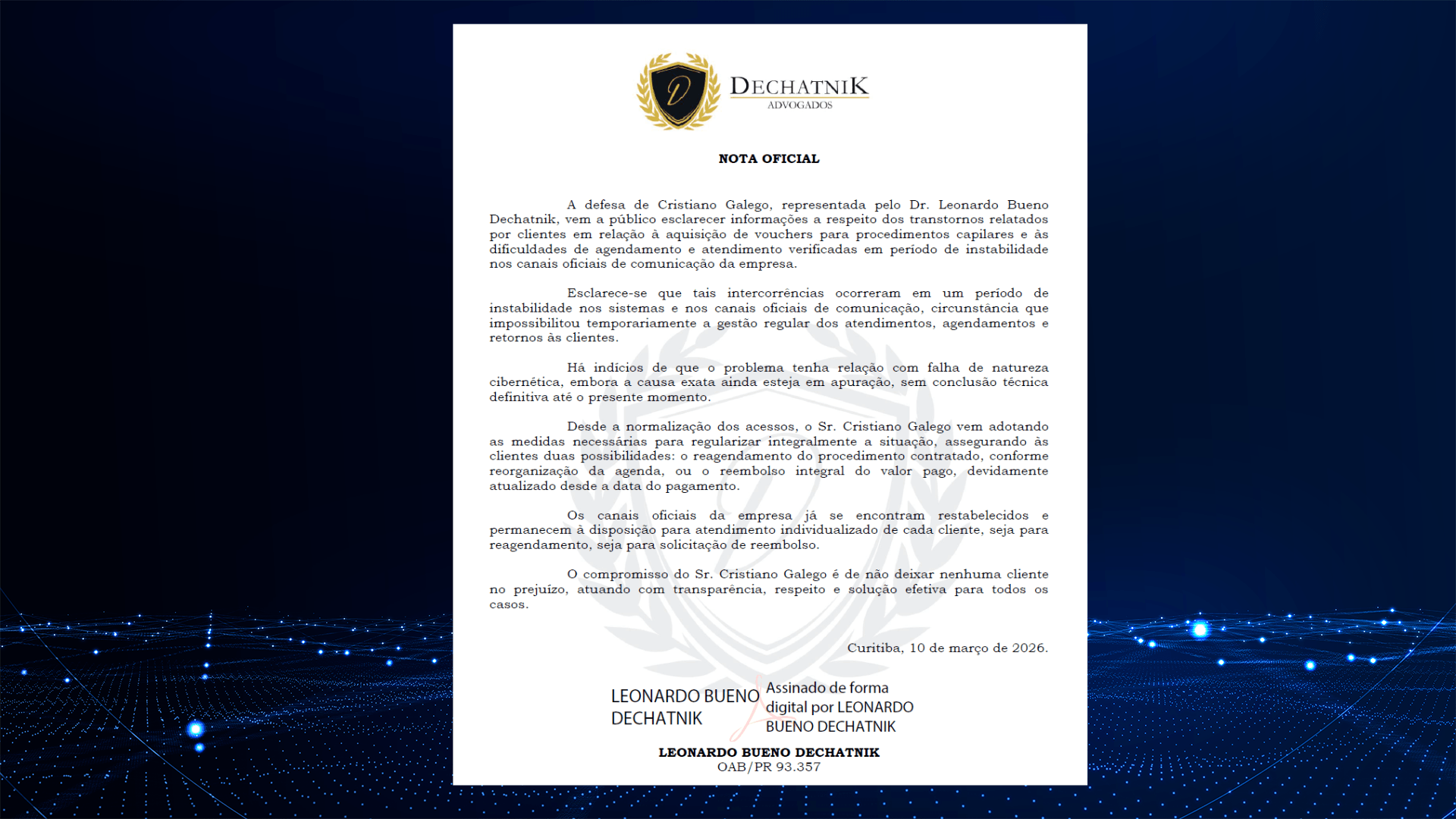 Defesa de Cristiano Galego oferece reagendamento ou devolução às clientes