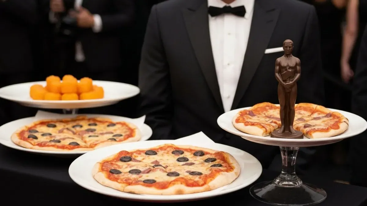 Caviar, pizzas artesanais e até estatuetas de chocolate cobertas com ouro 24 quilates estão no cardápio do banquete que será servido às estrelas de Hollywood. / Foto gerada por IA