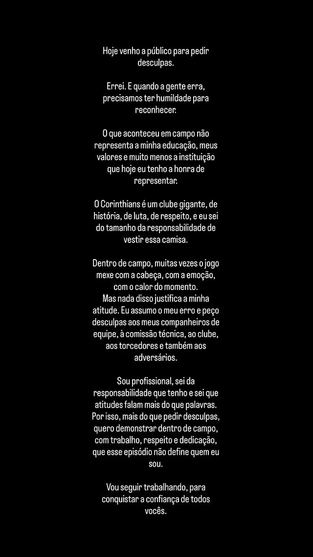 Allan, do Corinthians, pede desculpas após expulsão contra Fluminense. Imagem: Reprodução/@allan_.souza