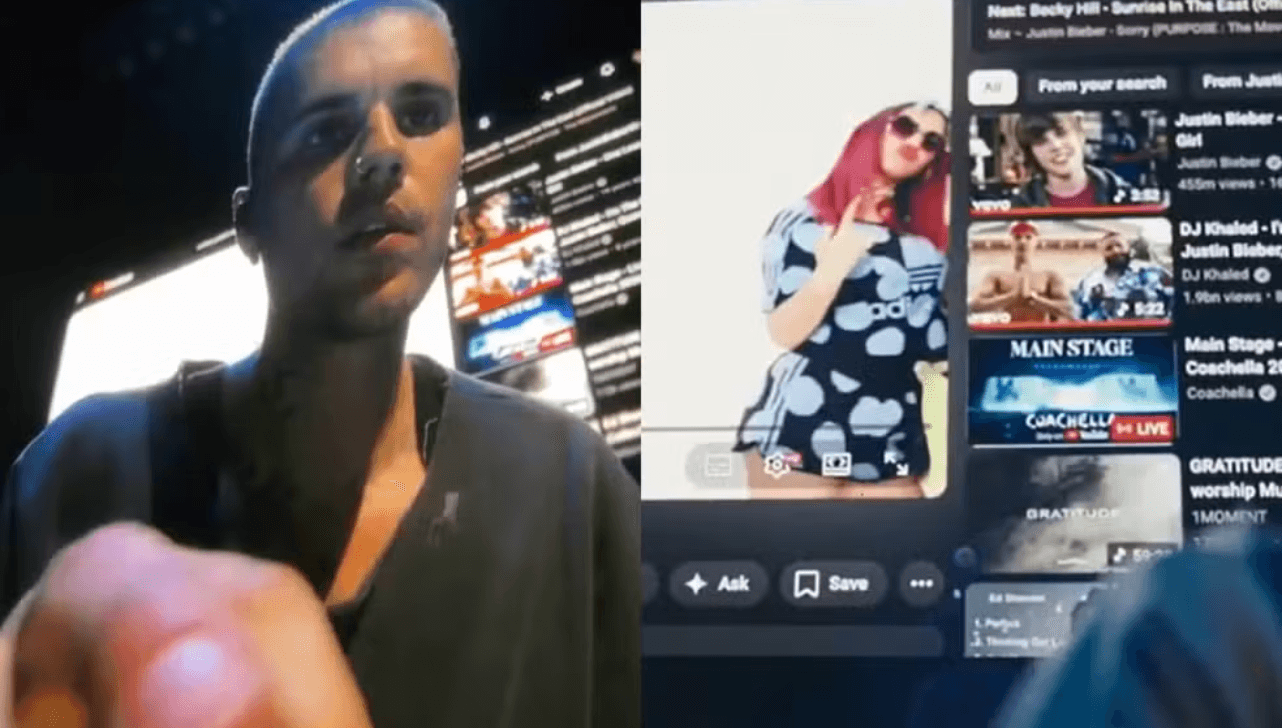 Justin Bieber interage com o público ao explorar vídeos no YouTube durante o show
