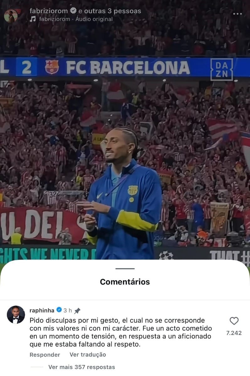 Raphinha se retrata depois de acusar “roubo” em eliminação do Barcelona I Foto: Reprodução/Redes Sociais