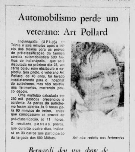 Art Pollard morreu na qualificação para as 500 Milhas de 1973 (Imagem: Jornal dos Sports/Reprodução)