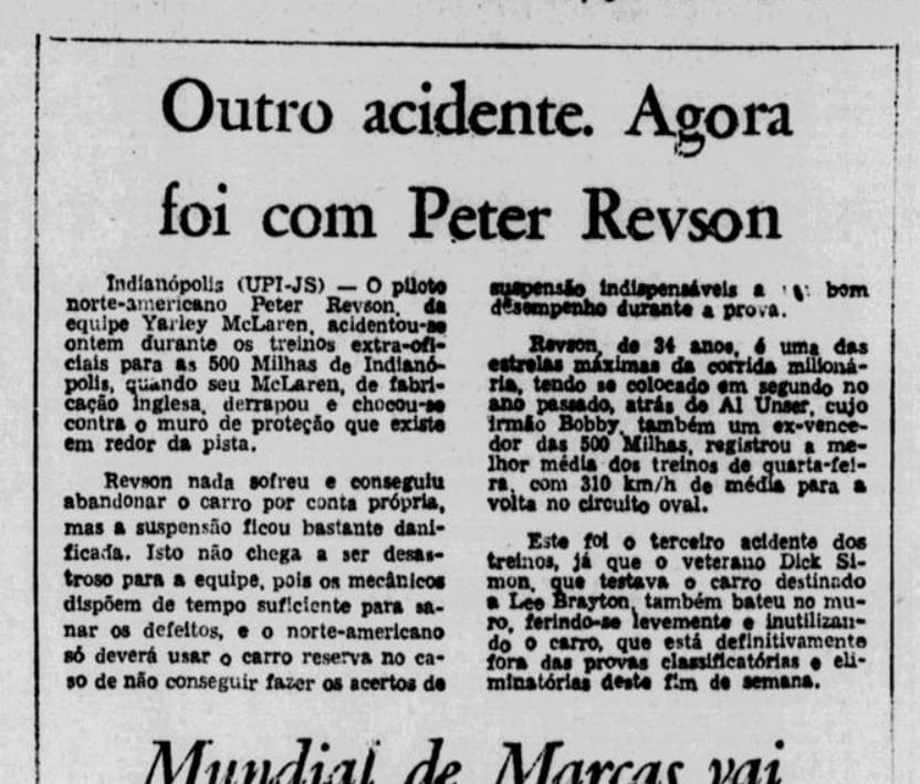 Lee Brayton, Dick Simon e Peter Revson se envolveram em acidentes nos treinos (Imagem: Jornal dos Sports/Reprodução)