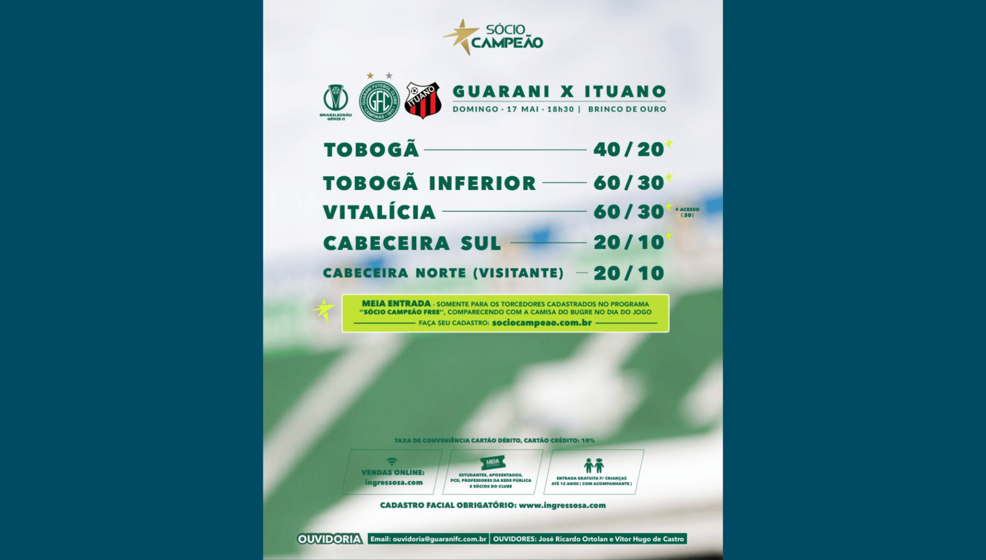 Valores dos ingressos para a partida contra o Ituano