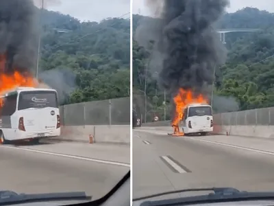 Vídeo: ônibus pega fogo e interdita trecho da Tamoios em Caraguatatuba